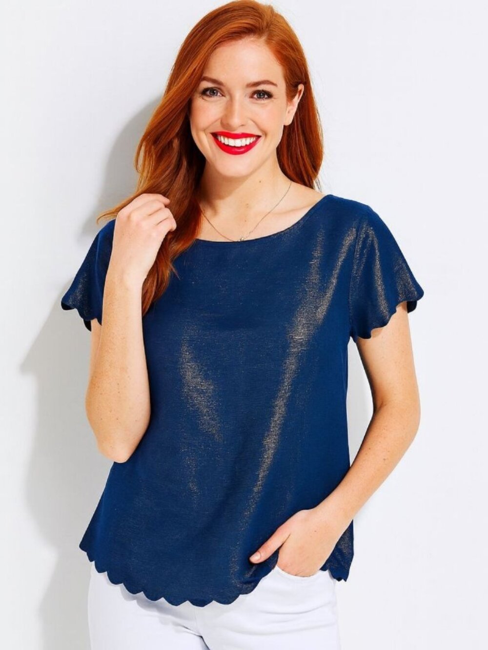 Vineyard Vines Womens Top Blue Linen Blend Scalloped Hem Metallic Sheen Size 00